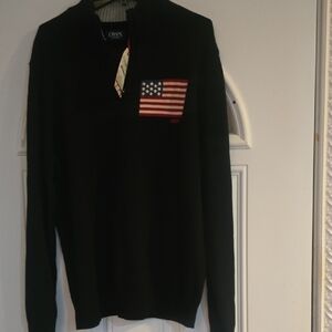 Chaps Men's Black Zip-Up Sweater with American Flag Patch